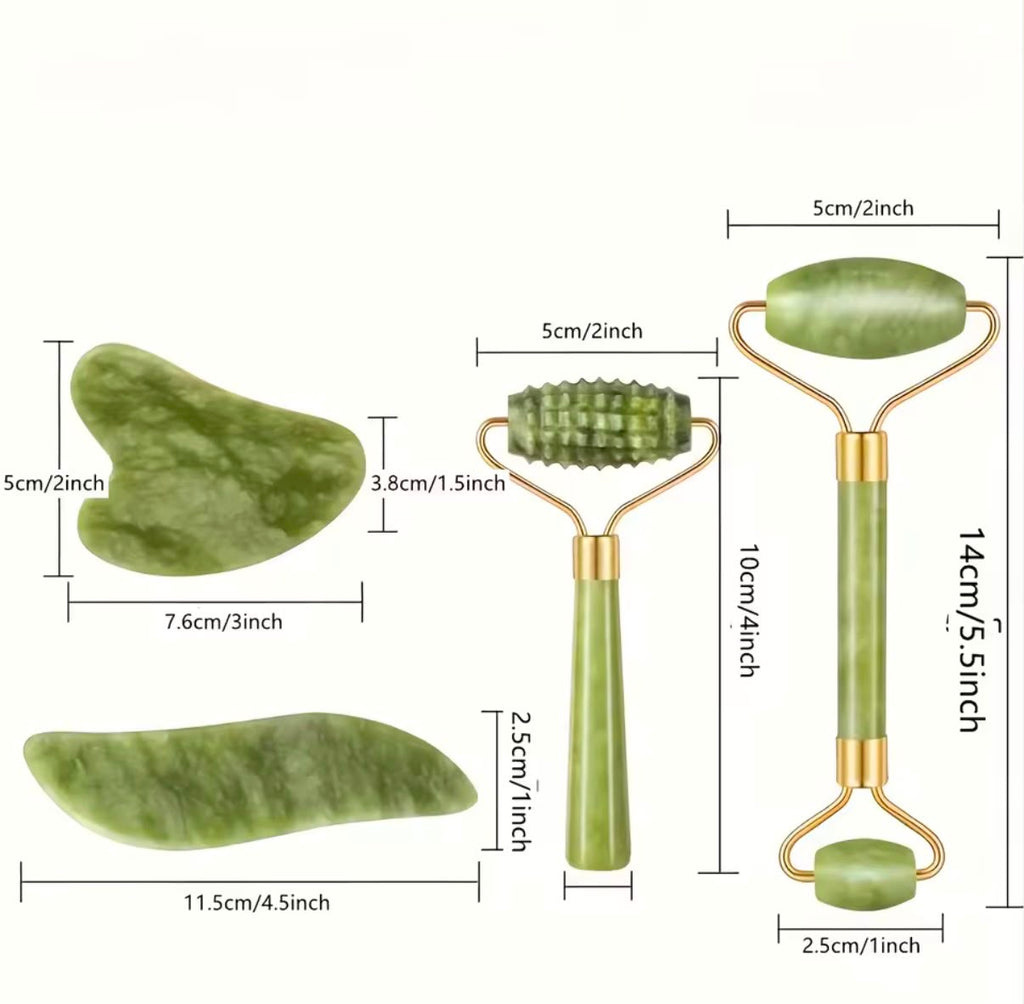 Set de Jade Roller + Gua Sha 4 Piezas – Masajeador Facial Antiarrugas