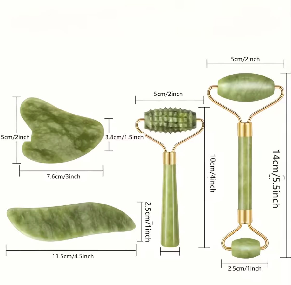 Set de Jade Roller + Gua Sha 4 Piezas – Masajeador Facial Antiarrugas