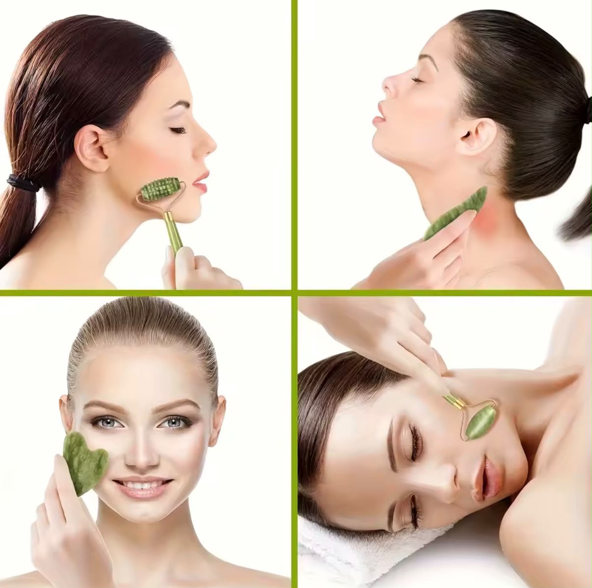 Set de Jade Roller + Gua Sha 4 Piezas – Masajeador Facial Antiarrugas