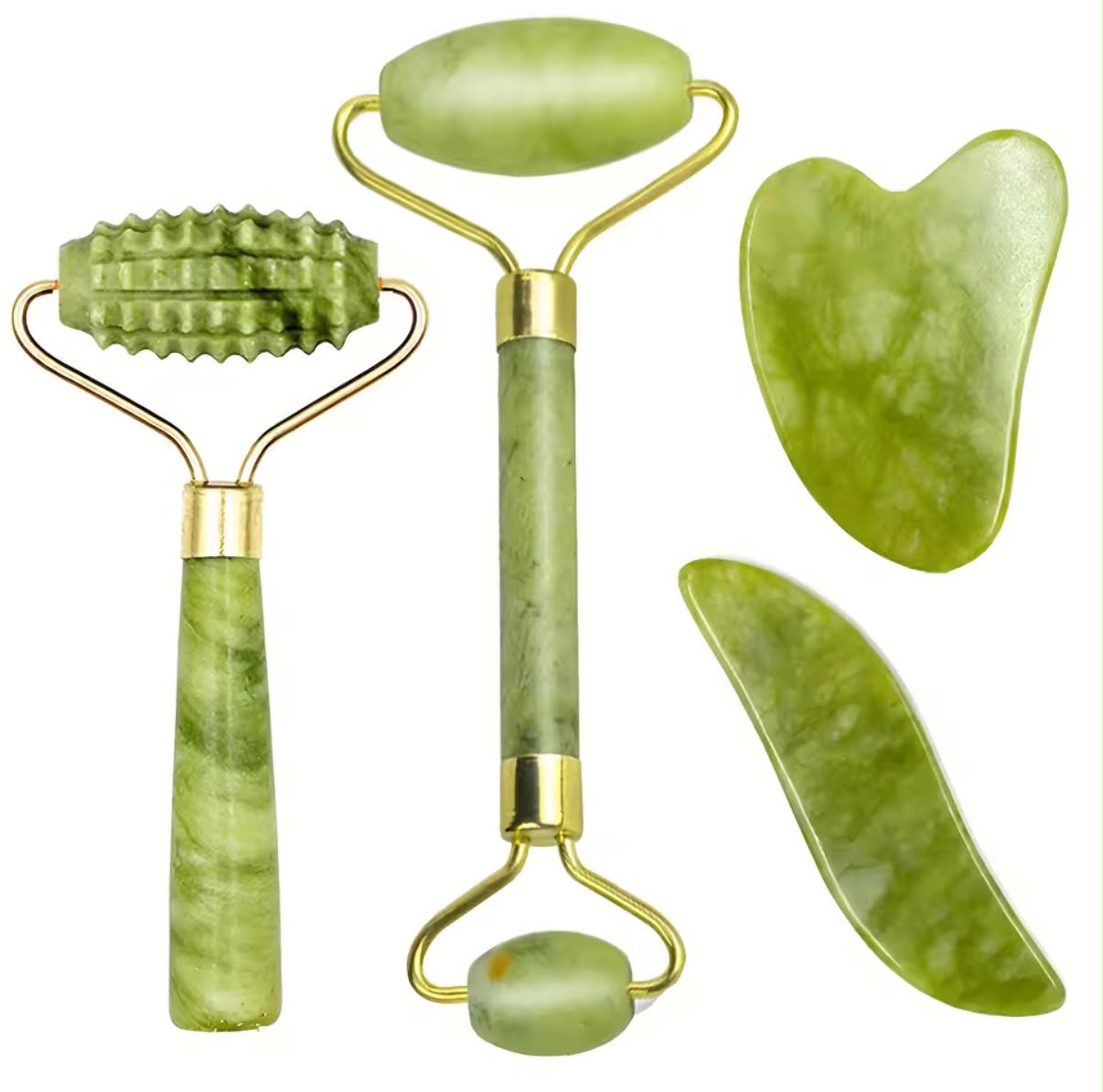 Set de Jade Roller + Gua Sha 4 Piezas – Masajeador Facial Antiarrugas