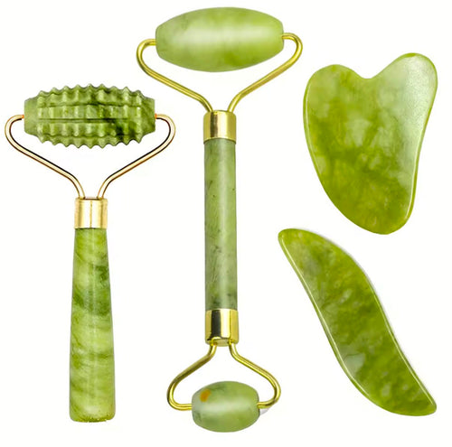 Set de Jade Roller + Gua Sha 4 Piezas – Masajeador Facial Antiarrugas